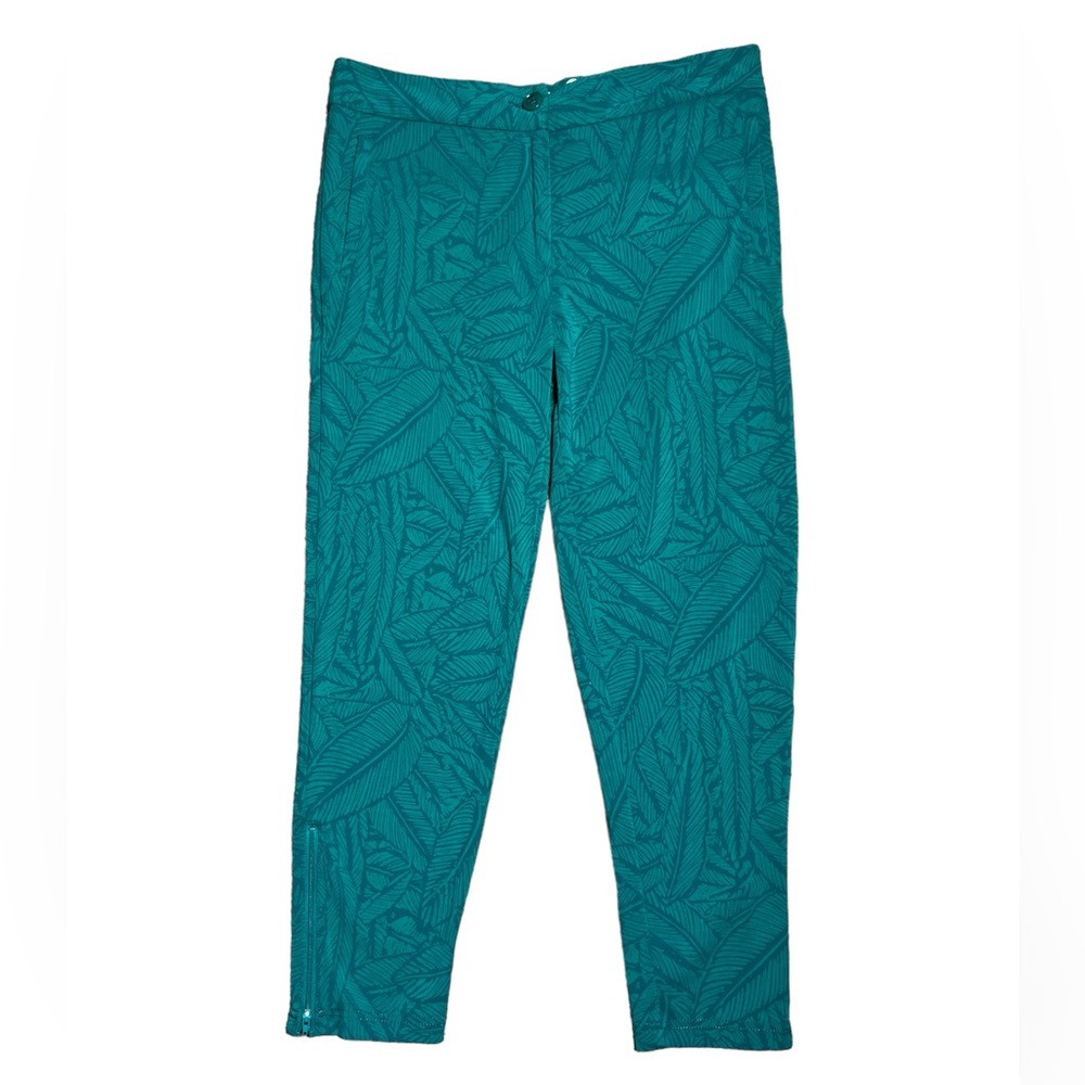 Betabrand Women’s Green Stretch Palm Tropical Pants Sz. Large Petite